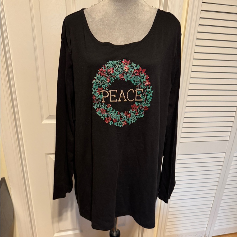 4/$20🎉Croft & Barrow Cotton Classic Tee Black Peace Wreath 3X